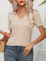 Cable Knit Short Sleeve Top - Trendsi - Flyclothing LLC