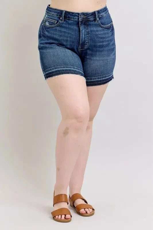 Judy Blue Full Size High Waist Tummy Control Destroy Release Hem Denim Shorts Plus Size - Trendsi - Flyclothing LLC