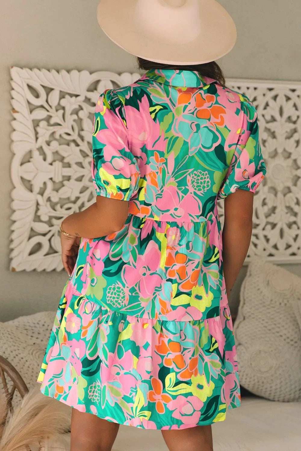 Button Down Floral Puff Sleeve Babydoll Dress - Trendsi - Flyclothing LLC