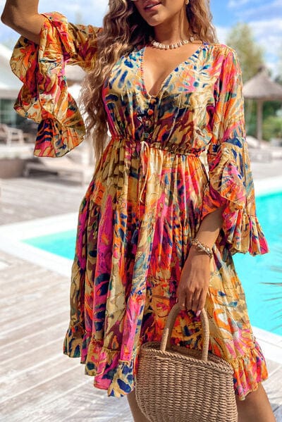 Printed Flare Sleeve Ruffled Hem Dress - Trendsi