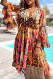 Printed Flare Sleeve Ruffled Hem Dress - Trendsi