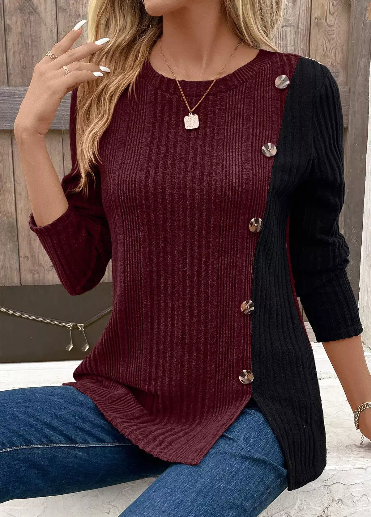 Color Block Ribbed Knit Decor Button T-Shirt - Trendsi - Flyclothing LLC