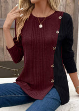 Color Block Ribbed Knit Decor Button T-Shirt - Trendsi - Flyclothing LLC