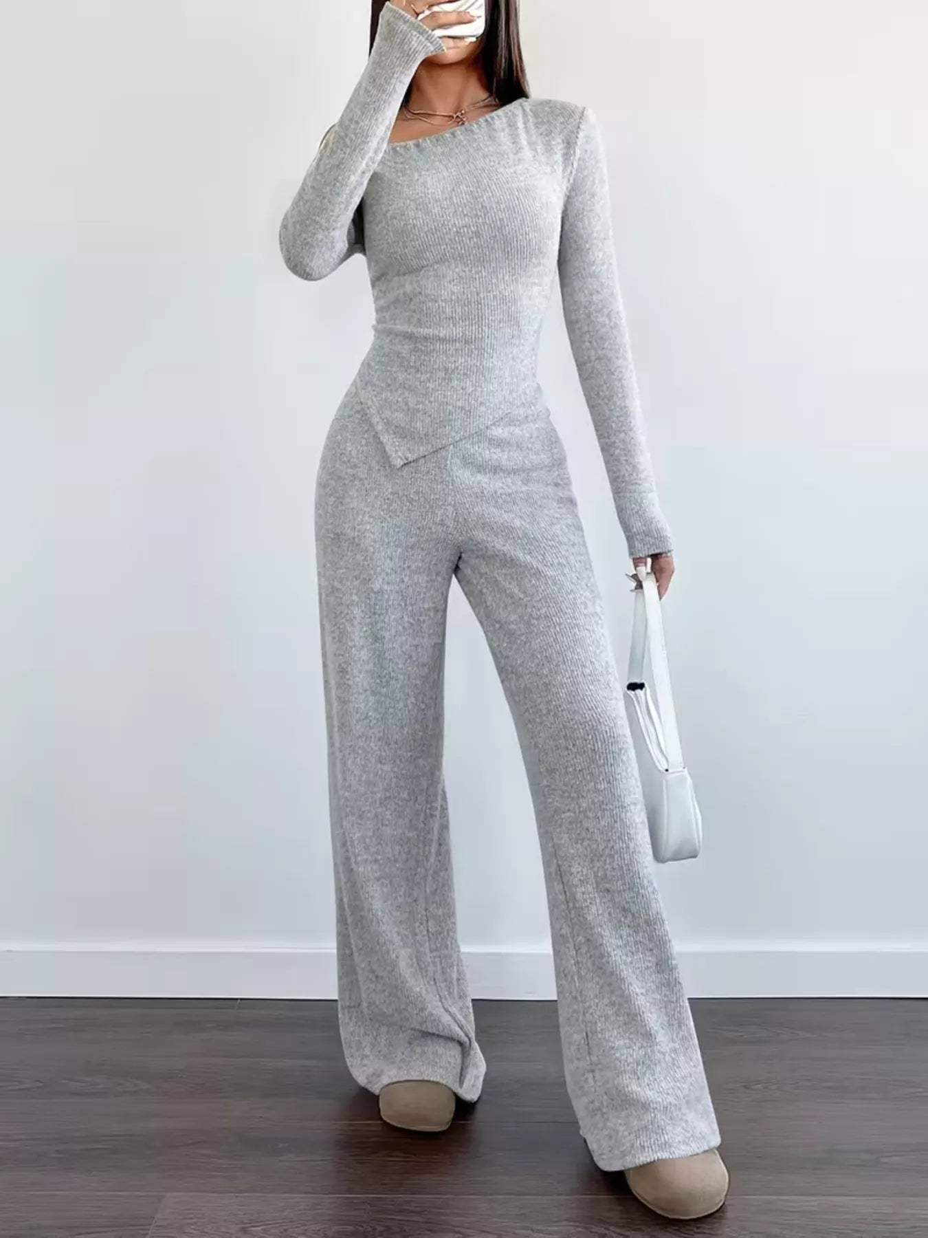 Chic One-Shoulder Asymmetrical Top and Wide-Leg Pants Set - Trendsi - Flyclothing LLC