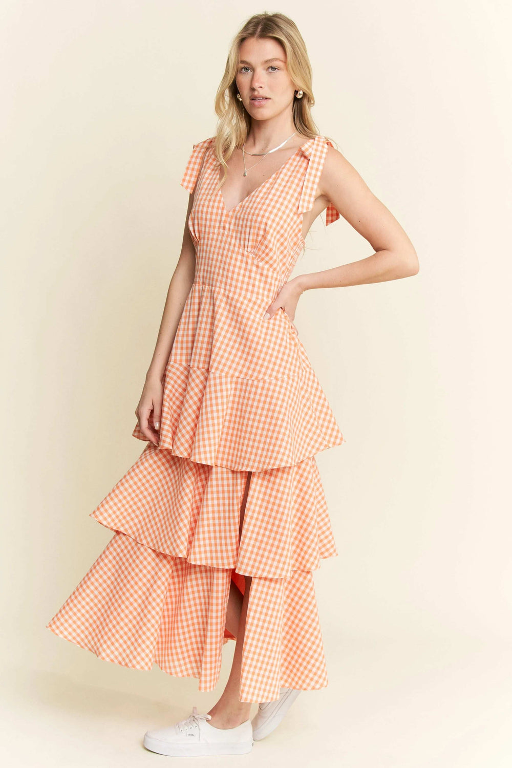 Jade By Jane Sleeveless Gingham Print Tiered Midi Dress - Trendsi - Flyclothing LLC