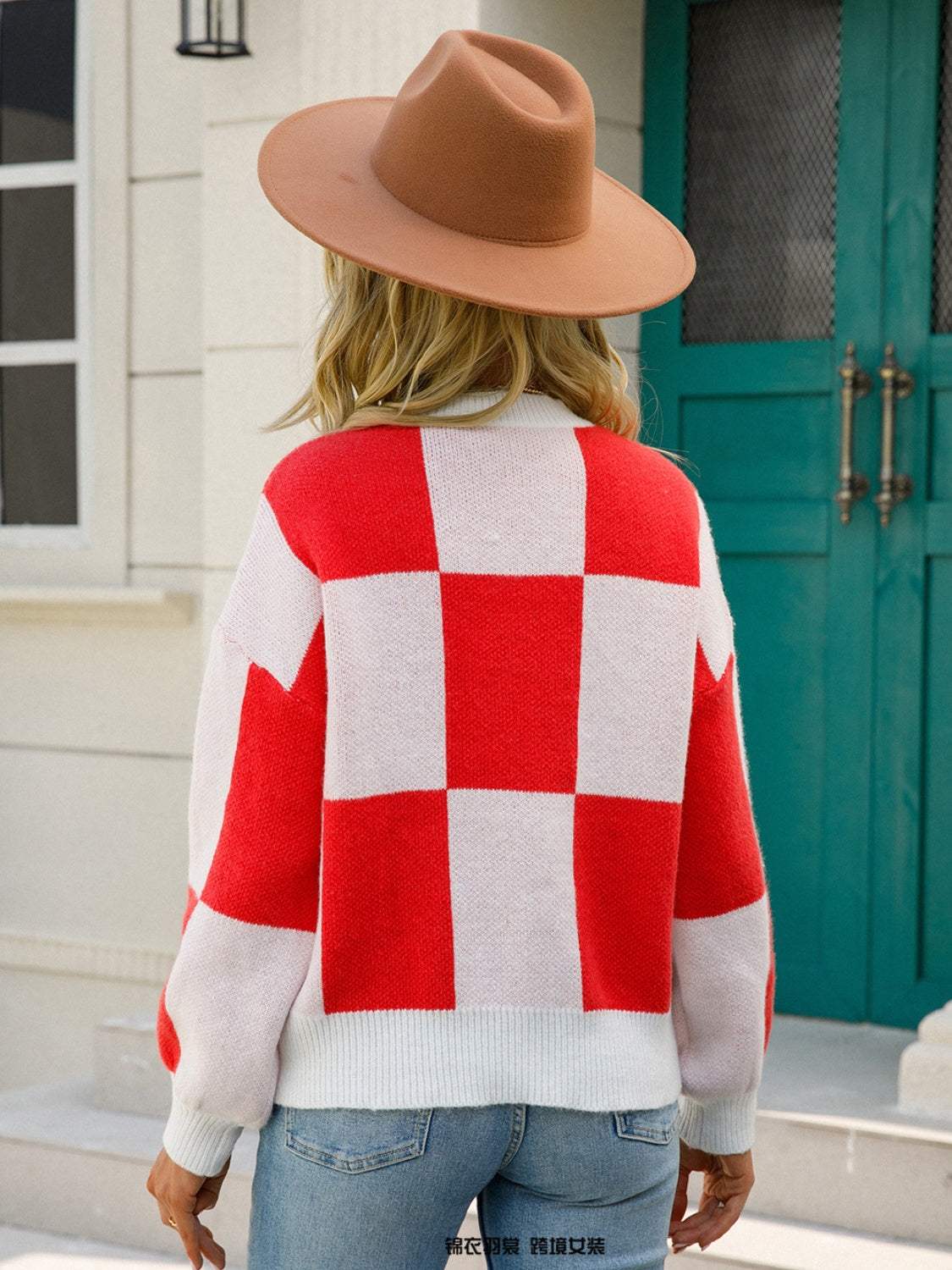 Angel Wings Checkered Round Neck Dropped Shoulder Sweater - Trendsi - Flyclothing LLC