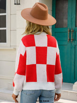 Angel Wings Checkered Round Neck Dropped Shoulder Sweater - Trendsi - Flyclothing LLC
