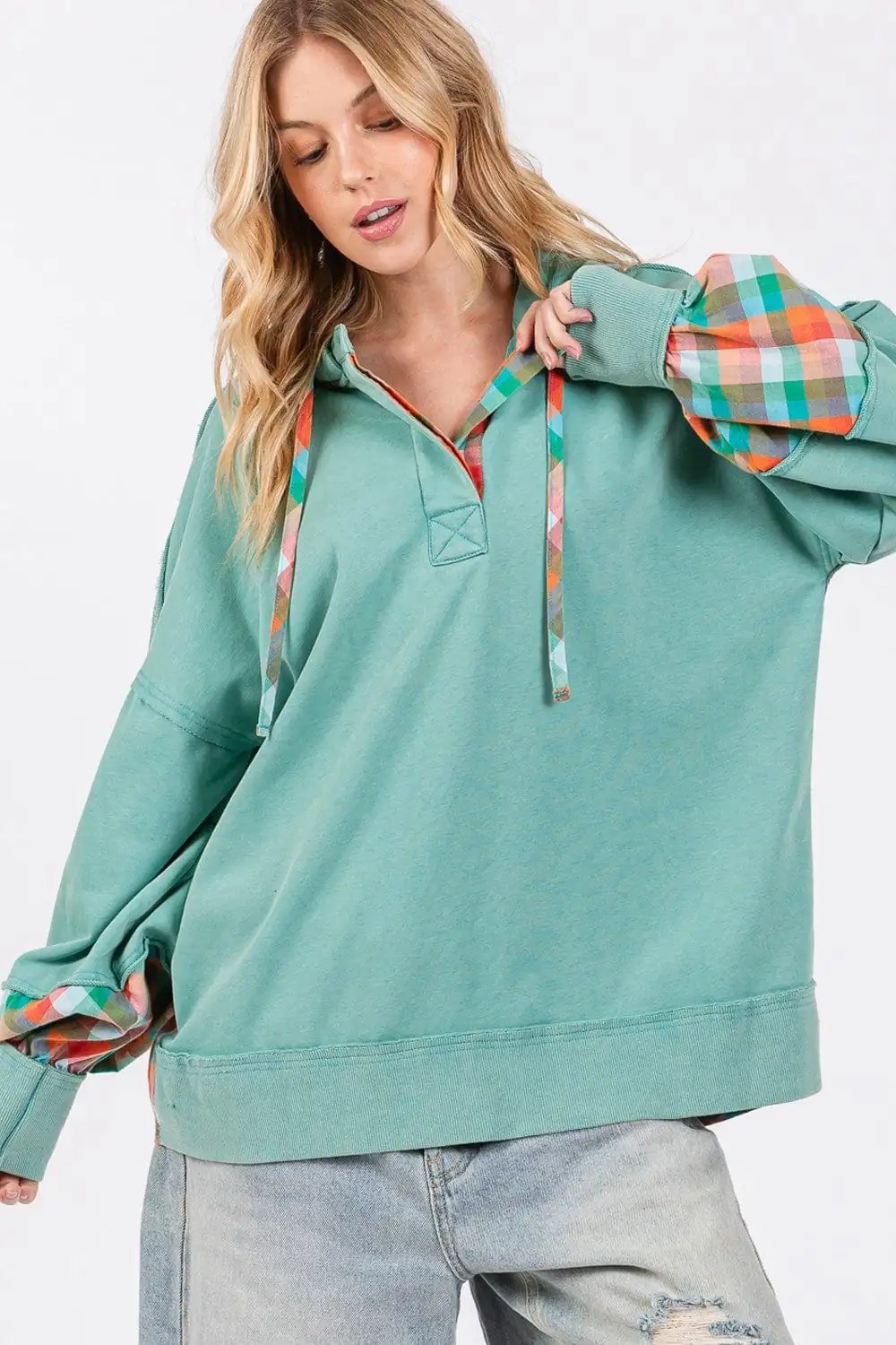 SAGE + FIG Full Size Plaid Print Washed Hoodie - Trendsi