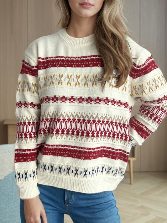 Geometric Round Neck Long Sleeve Sweater - Trendsi