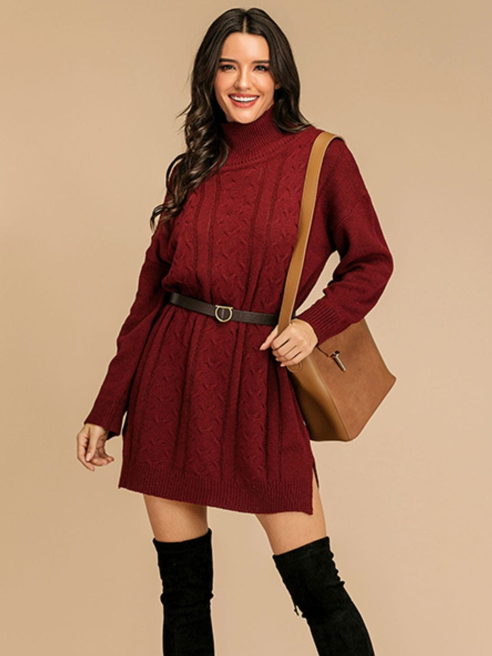 Perfee Slit Turtleneck Long Sleeve Mini Sweater Dress - Trendsi