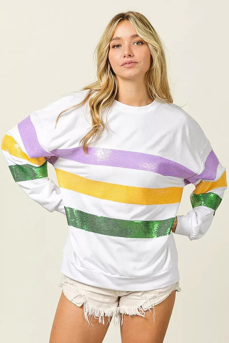 BiBi Sequin Mardi Gras Striped Round Neck Sweatshirt - Trendsi - Flyclothing LLC