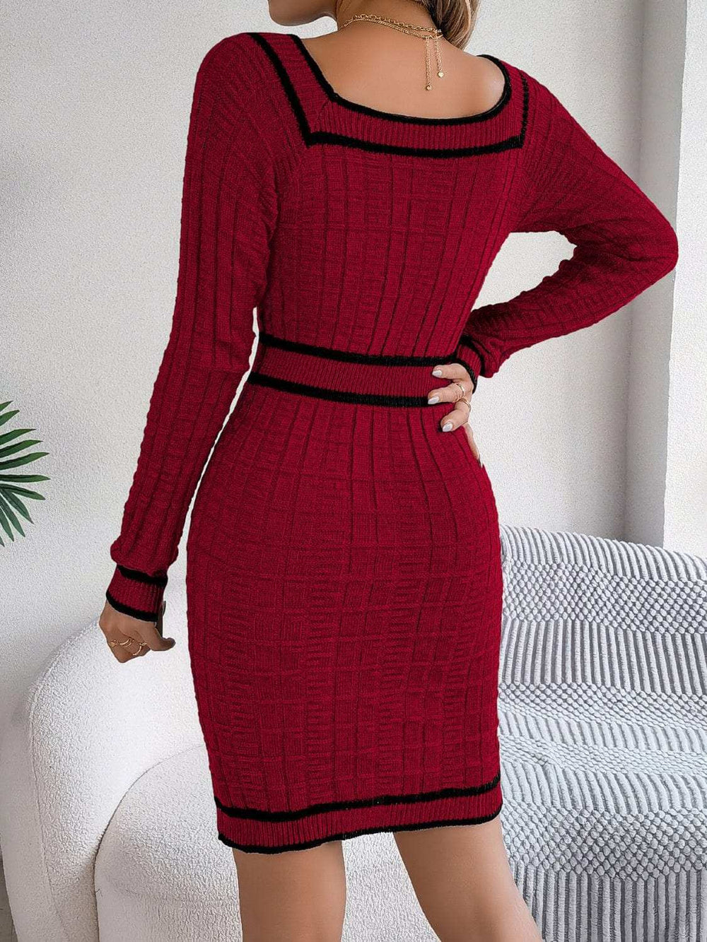 Contrast Trim Long Sleeve Sweater Dress - Trendsi - Flyclothing LLC