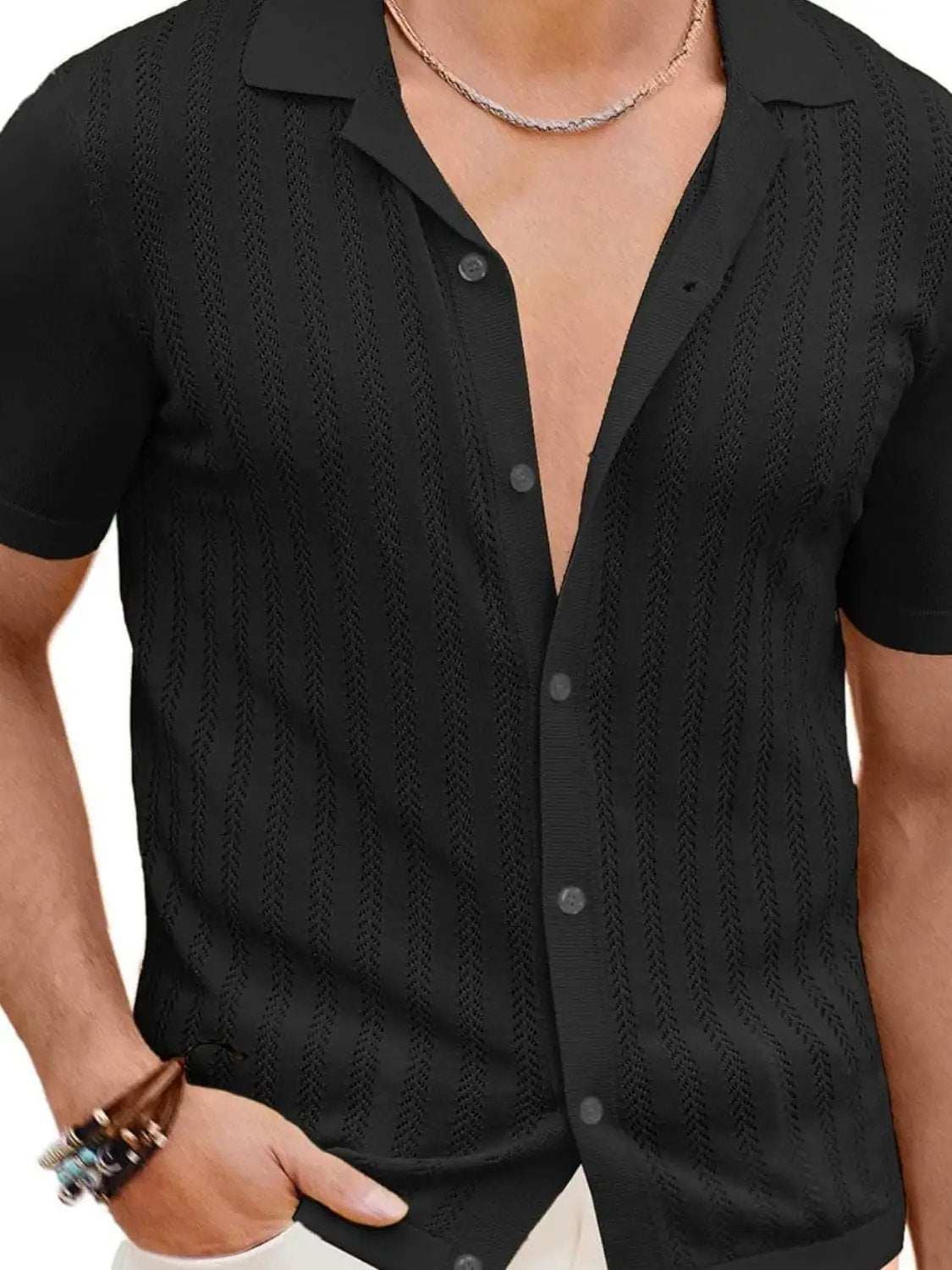 Men's Full Size Openwork Button Down Short Sleeve Shirt Plus Size - Trendsi - Flyclothing LLC