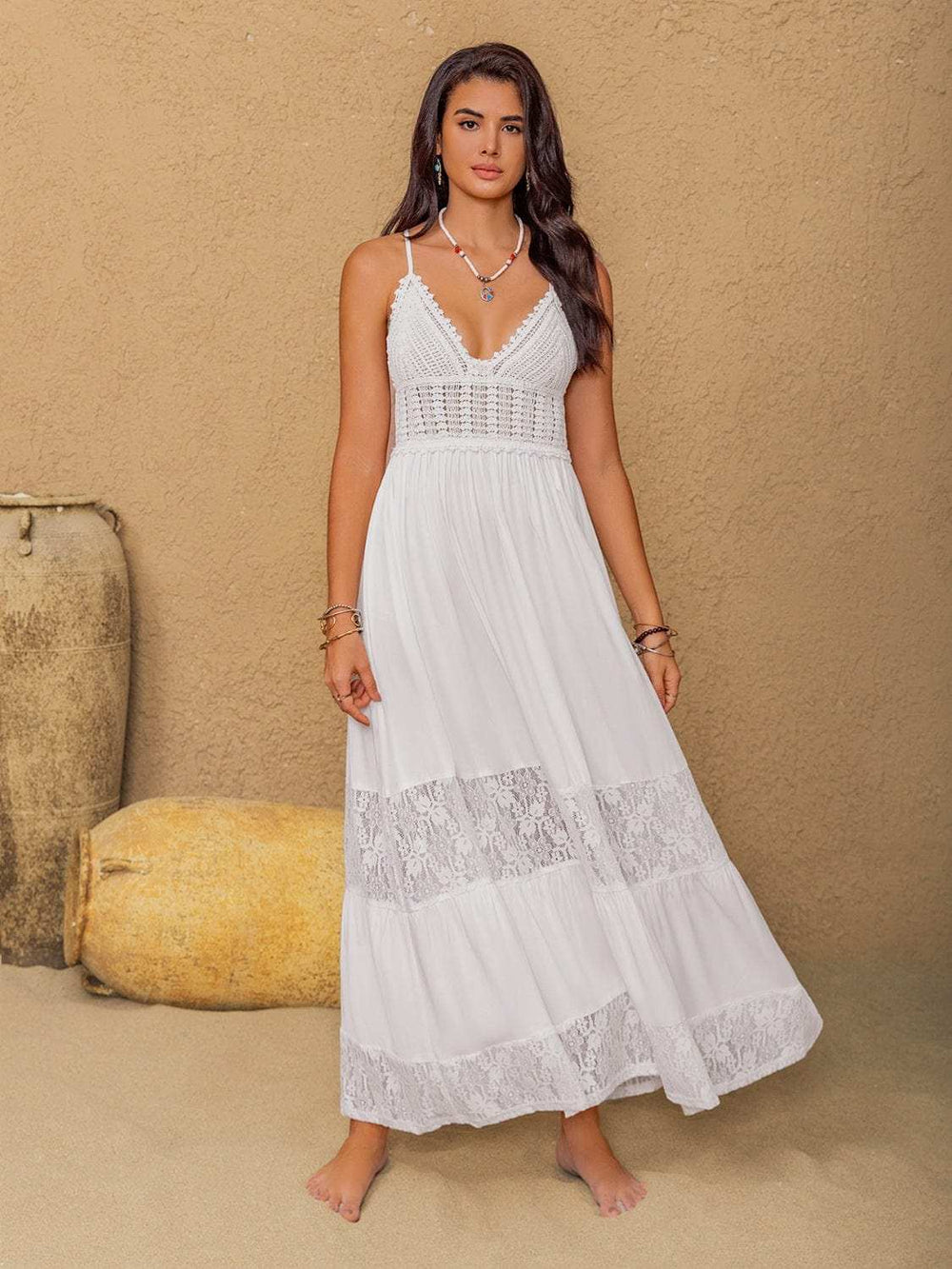 Lace Detail Crochet Tiered Maxi Cami Dress - Trendsi - Flyclothing LLC