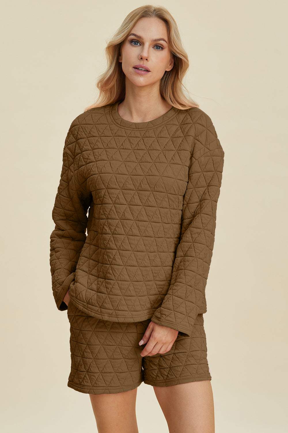 Double Take Full Size Texture Round Neck Long Sleeve Top and Shorts Set - Trendsi - Flyclothing LLC