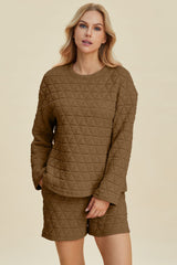 Double Take Full Size Texture Round Neck Long Sleeve Top and Shorts Set - Trendsi