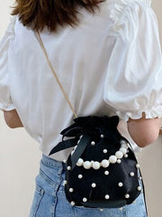 Pearl Detail Solid Color Bucket Bag - Trendsi
