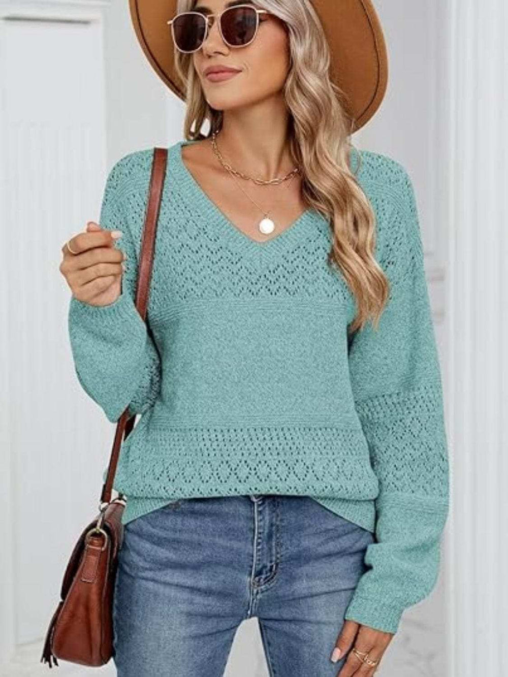 Eyelet V-Neck Long Sleeve Sweater - Trendsi - Flyclothing LLC