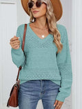 Eyelet V-Neck Long Sleeve Sweater - Trendsi - Flyclothing LLC