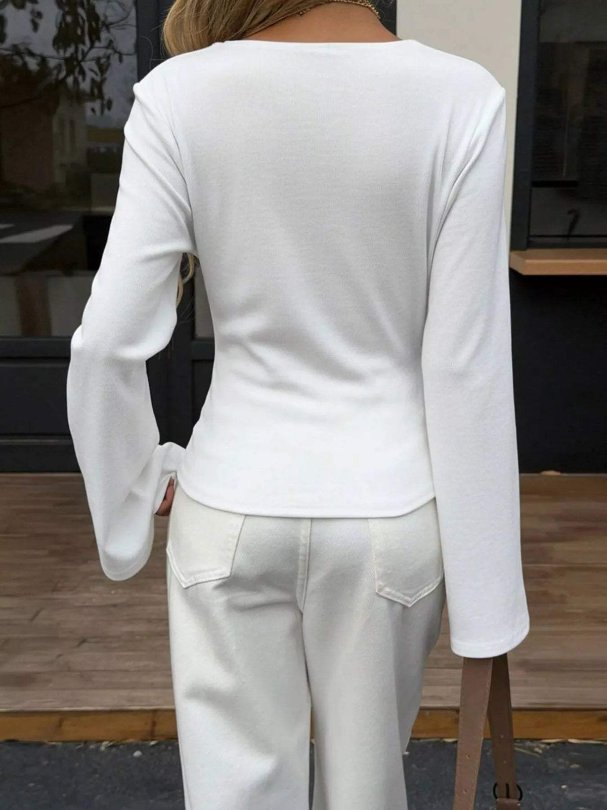 Elegant V-Neck Wrap Asymmetrical Blouse with Flared Sleeves - Trendsi - Flyclothing LLC