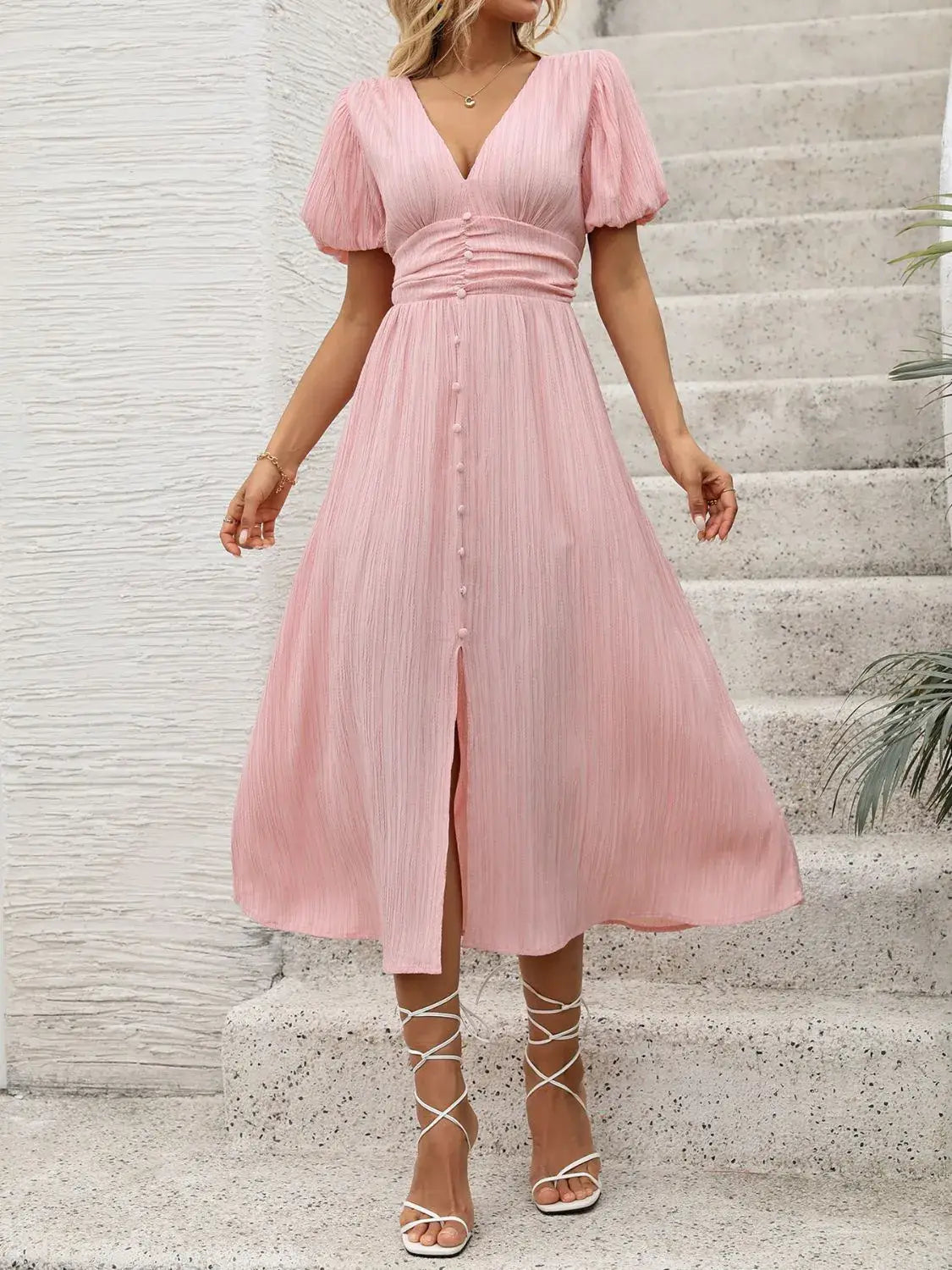 V-Neck Puff Sleeve Dress - Trendsi - Flyclothing LLC