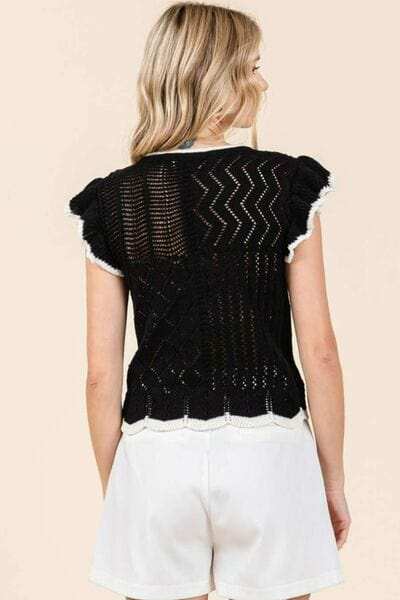 Mittoshop Openwork Contrast Trim Ruffled Cap Sleeve Knit Top - Trendsi - Flyclothing LLC