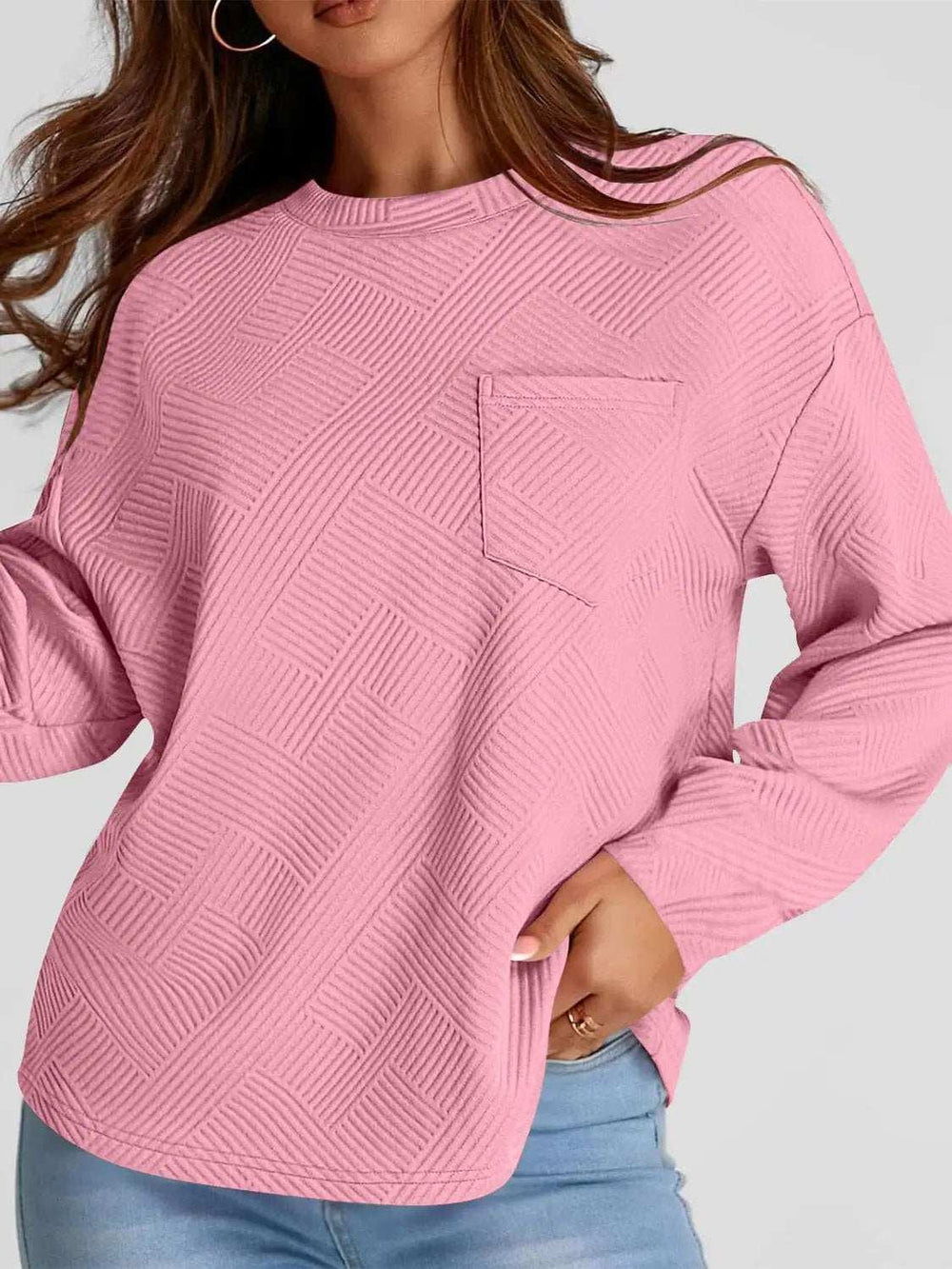 Full Size Texture Round Neck Long Sleeve Sweatshirt - Trendsi - Flyclothing LLC