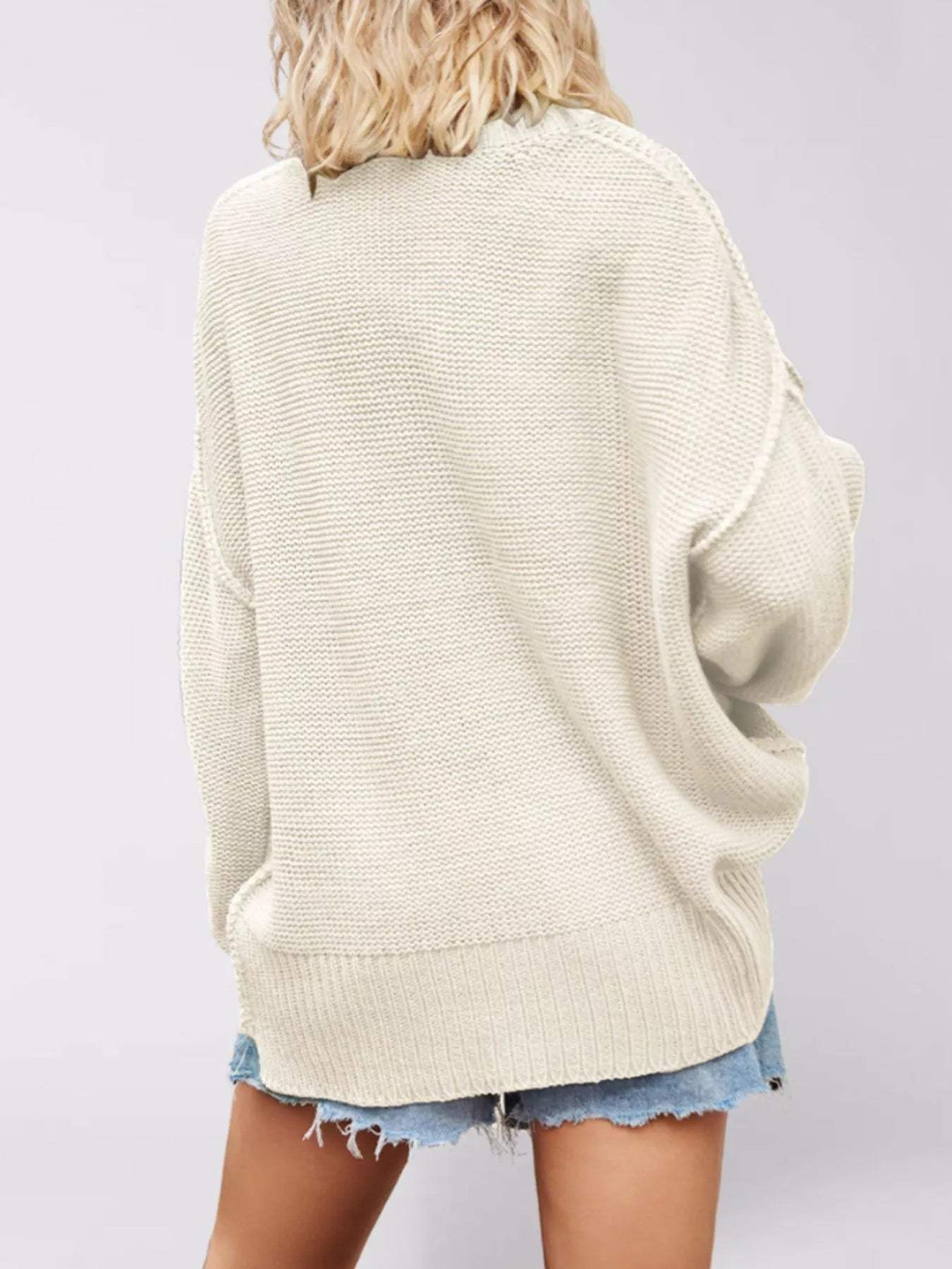 V-Neck Loose Knit Drop Shoulder Sweater - Trendsi - Flyclothing LLC