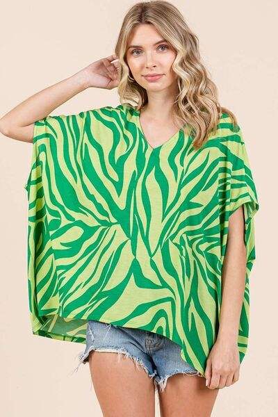 Mittoshop Zebra Print V-Neck Short Sleeve Oversized Top - Trendsi - Flyclothing LLC