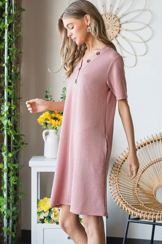 Heimish Full Size Solid Ribbed Mini Dress with Button Plus Size - Trendsi - Flyclothing LLC