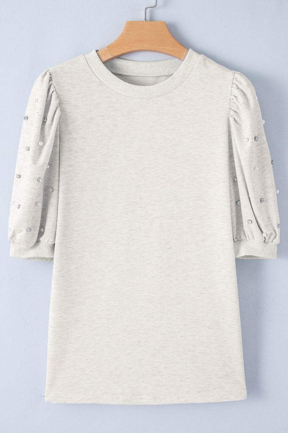 Rhinestone Pearl Detail Round Neck Puff Sleeve Top - Trendsi - Flyclothing LLC