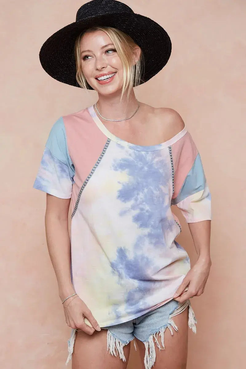 BiBi Tie Dye Printed Cotton Color Block T-Shirt - Trendsi - Flyclothing LLC
