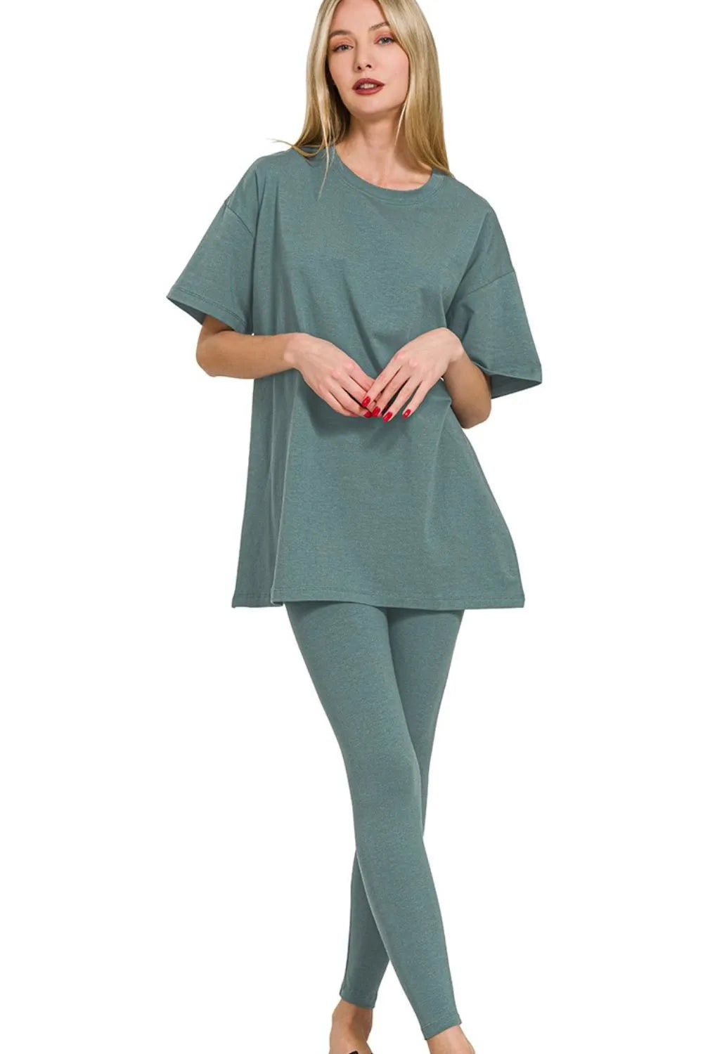 Zenana Cotton Round Neck Top & Legging Set - Trendsi