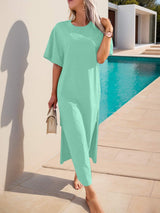 Slit Round Neck Half Sleeve Tee Dress - Trendsi - Flyclothing LLC