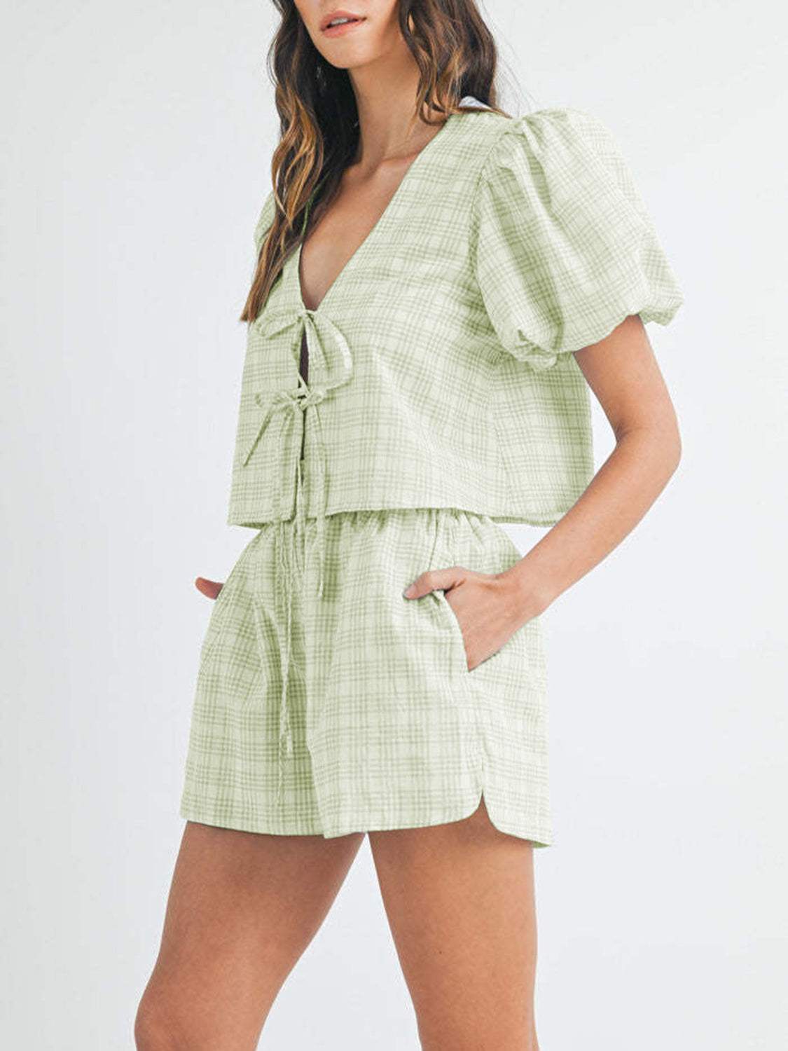 V-Neck Puff Sleeve Top and Shorts Set - Trendsi - Flyclothing LLC