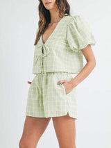 V-Neck Puff Sleeve Top and Shorts Set - Trendsi - Flyclothing LLC