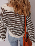 Stripe Eyelet Hollow-out Contrast Collared Pullover Chic Sweater - Trendsi - Flyclothing LLC