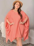 Plus Size Round Neck Batwing Sleeve Mini Dress - Trendsi - Flyclothing LLC