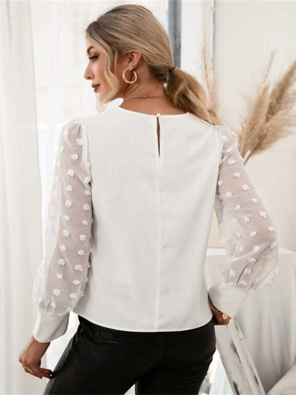 Swiss Dot Round Neck Long Sleeve Blouse - Trendsi - Flyclothing LLC