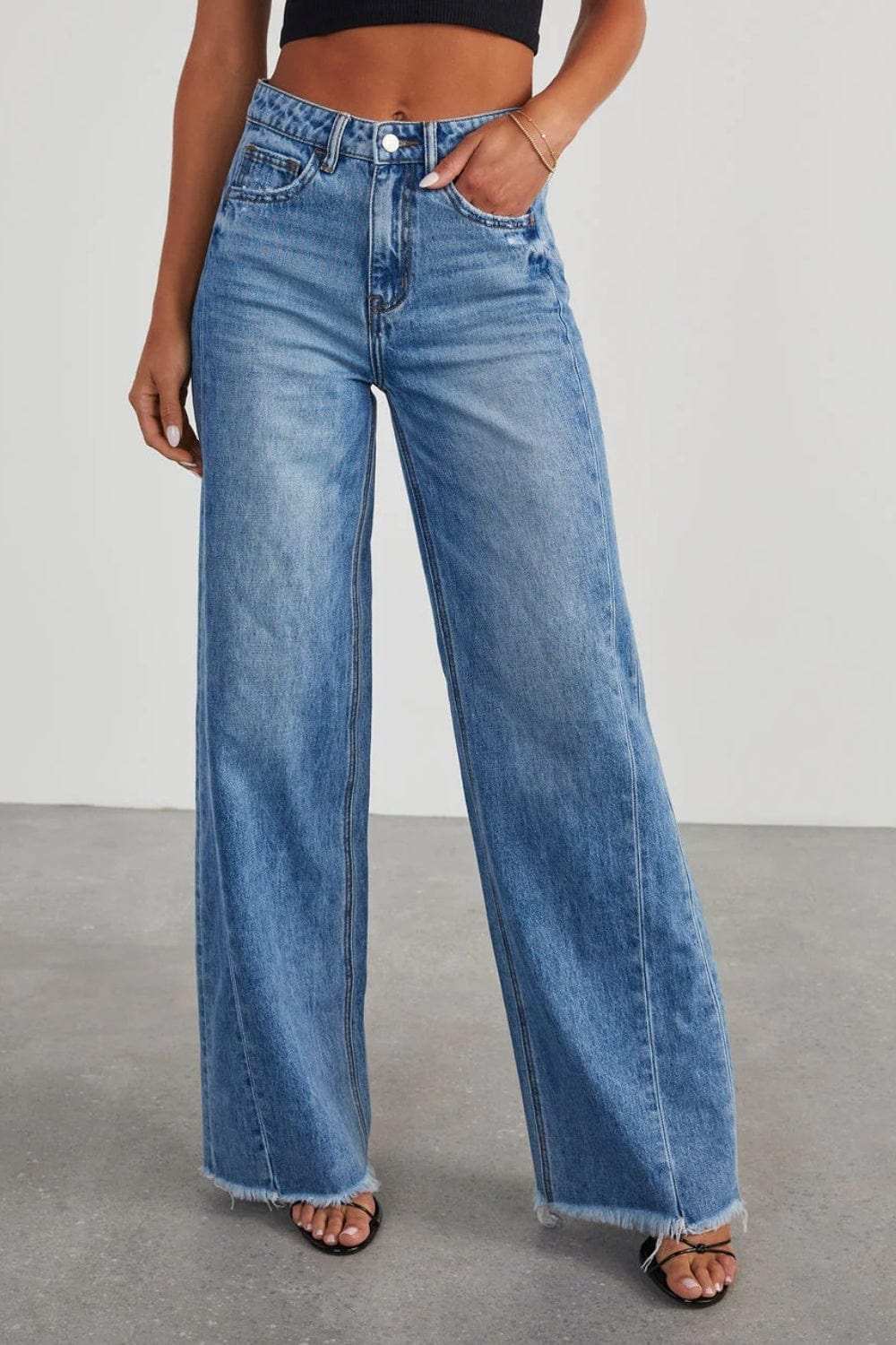 Raw Hem Wide Leg Jeans with Pockets - Trendsi - Flyclothing LLC