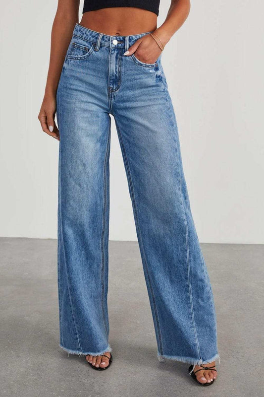Raw Hem Wide Leg Jeans with Pockets - Trendsi - Flyclothing LLC