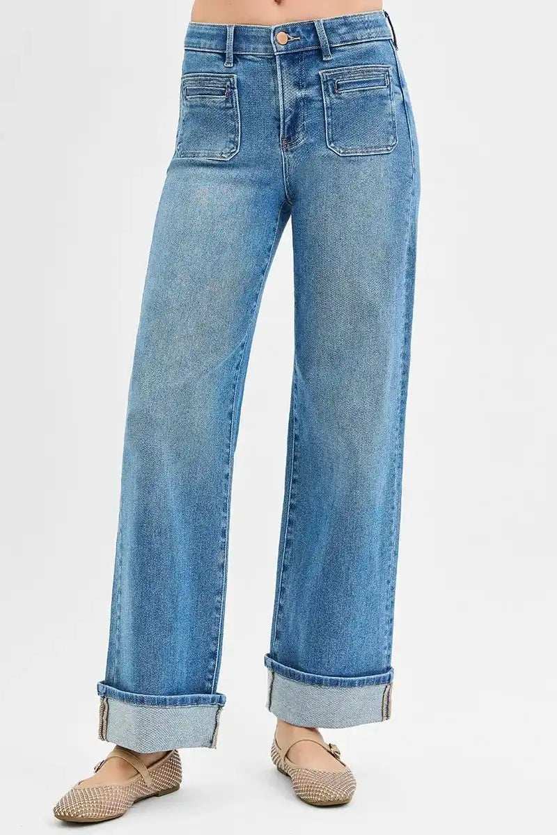 RISEN Full Size Elastic Band Mid Rise Wide Front Patch Pocket Cuff Jeans Plus Size - Trendsi - Flyclothing LLC