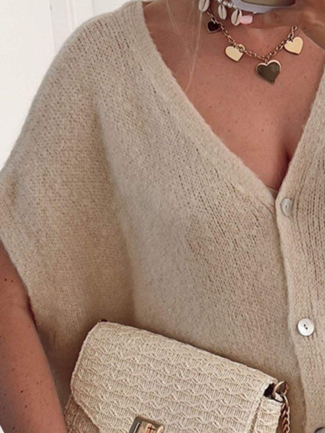 V-Neck Button Up Short Sleeve Cardigan - Trendsi - Flyclothing LLC