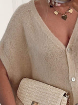 V-Neck Button Up Short Sleeve Cardigan - Trendsi - Flyclothing LLC