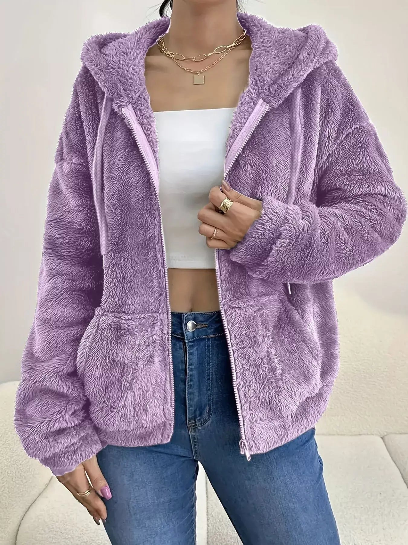 Drawstring Fleece Zip-Up Outerwear - Trendsi - Flyclothing LLC