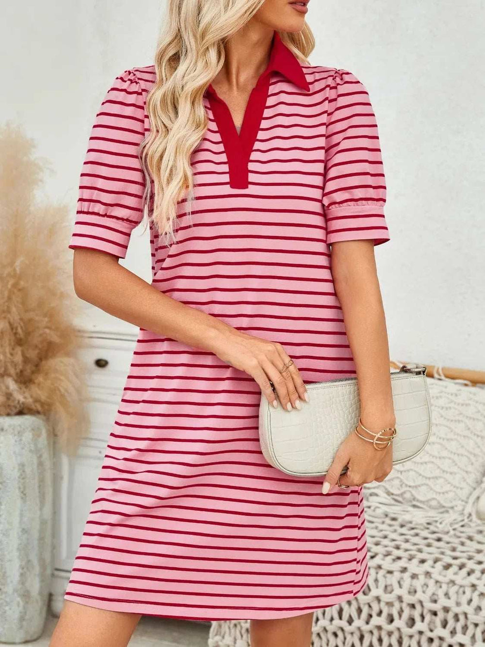 Contrast Striped Short Sleeve Mini Dress - Trendsi - Flyclothing LLC