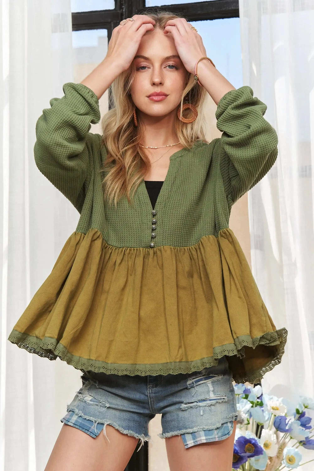 ADORA Mineral Washed Babydoll Tunic Top - Trendsi - Flyclothing LLC