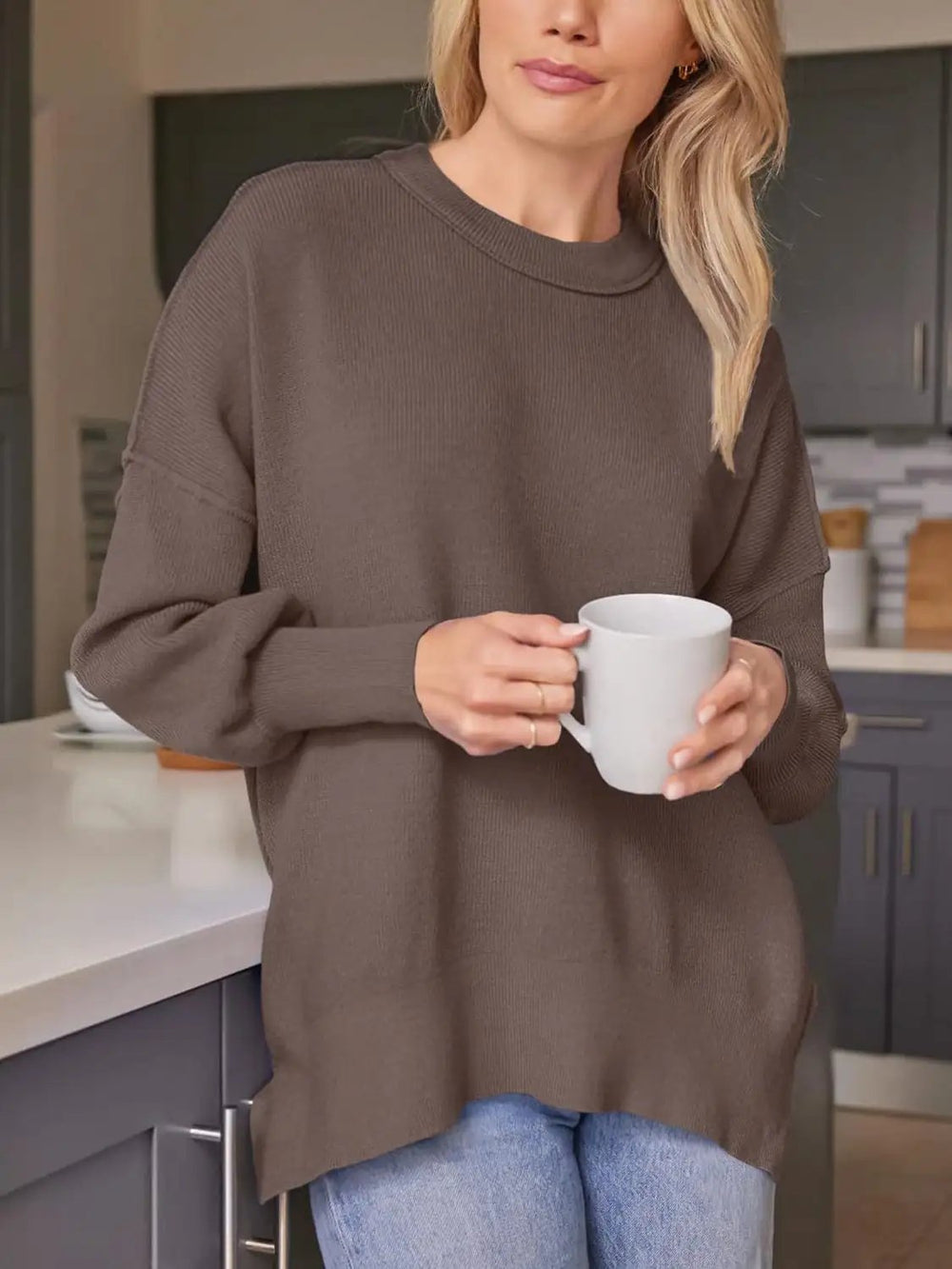 Slit Round Neck Dropped Shoulder Sweater - Trendsi