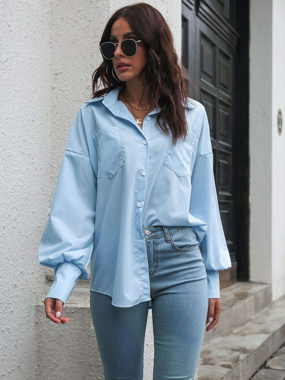Button Up Dropped Shoulder Lantern Sleeve Shirt - Trendsi - Flyclothing LLC