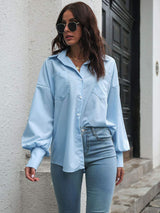 Button Up Dropped Shoulder Lantern Sleeve Shirt - Trendsi - Flyclothing LLC